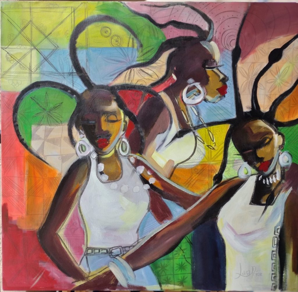 HAIRITAGE • Lara Boglo-Price • acrylic on canvas. Hairitage depicts three West African women celebrating their beautifully crafted hairstyles. Their manifest
joy springs partly from the artistic freedom they have on the most intimate of canvases—their own bodies.