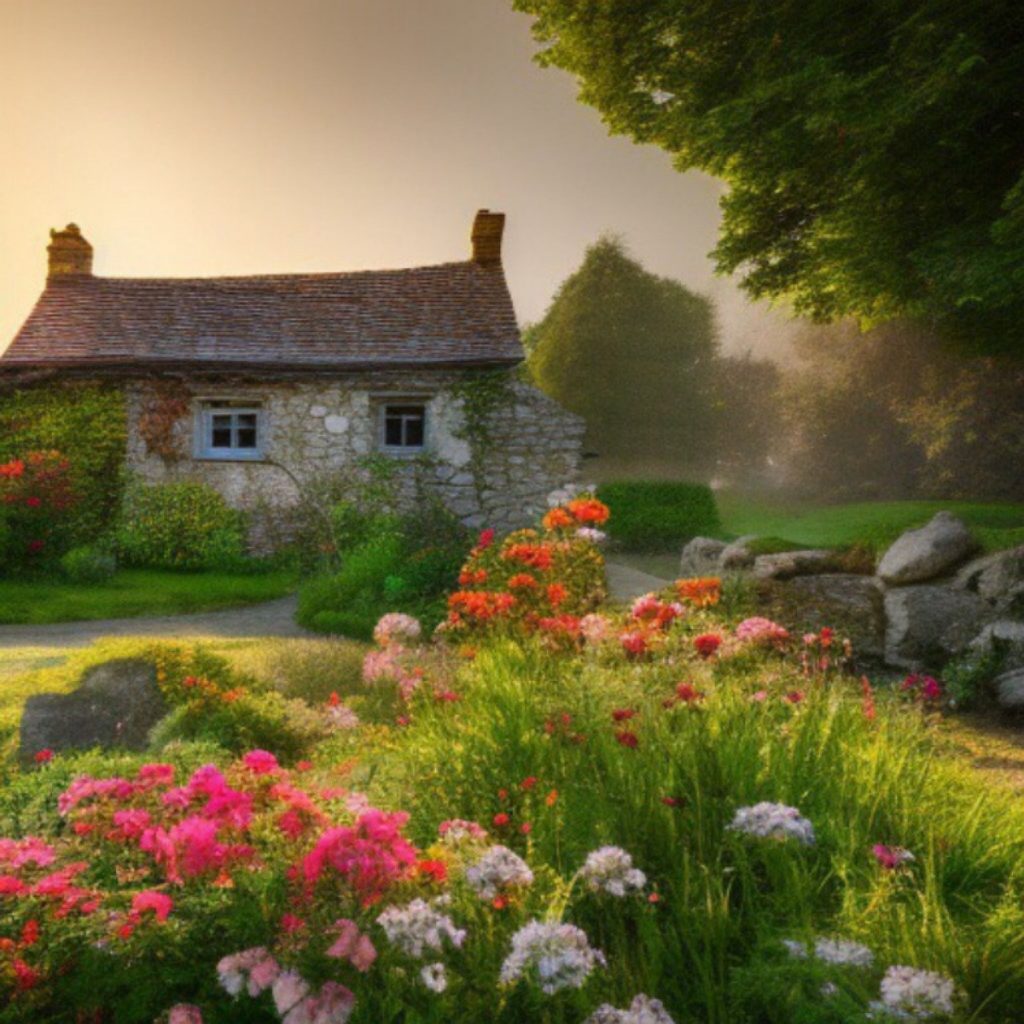 A photo of a brick cottage with flowers in the foreground.